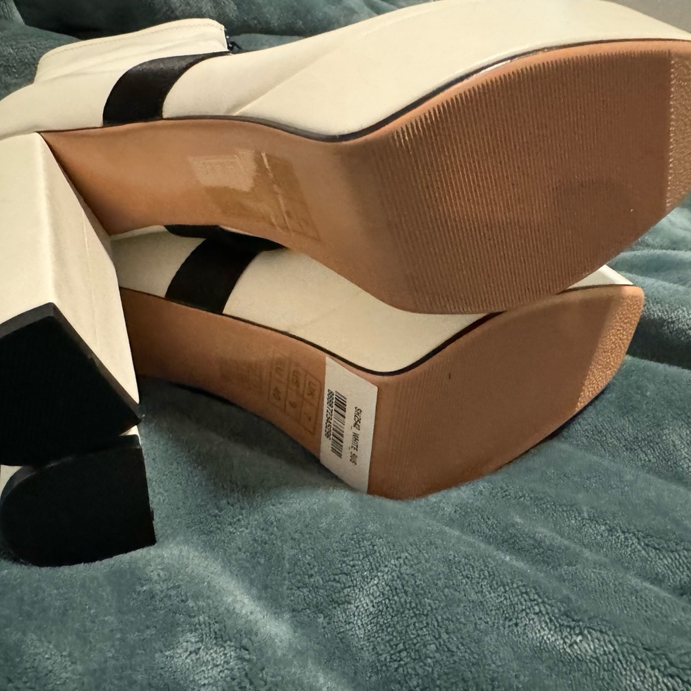London Fog Chic White and Black Heeled Boots with Ankle Strap - Picture 10 of 12